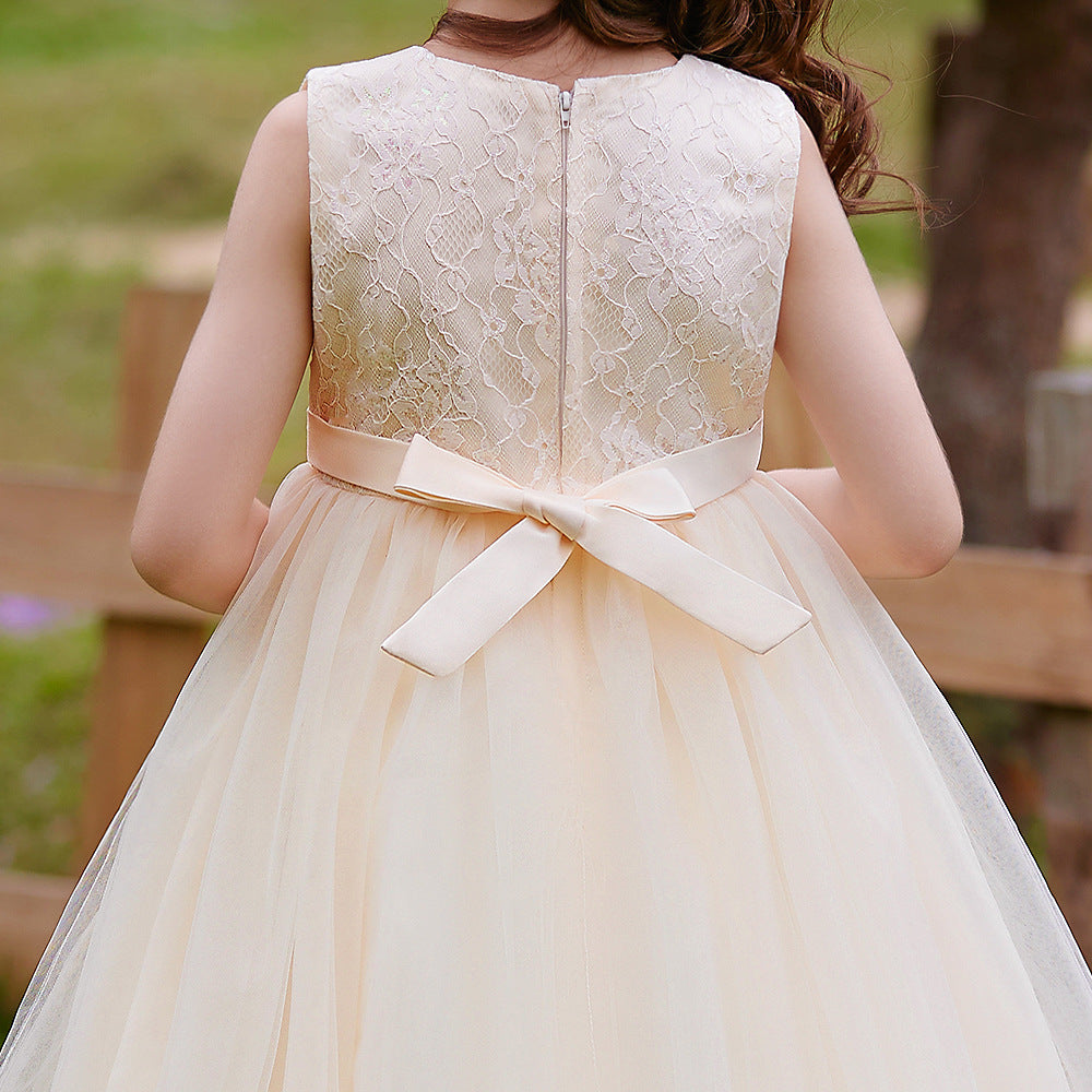 Girls Champagne Round Neck Ruffled Maxi Dress