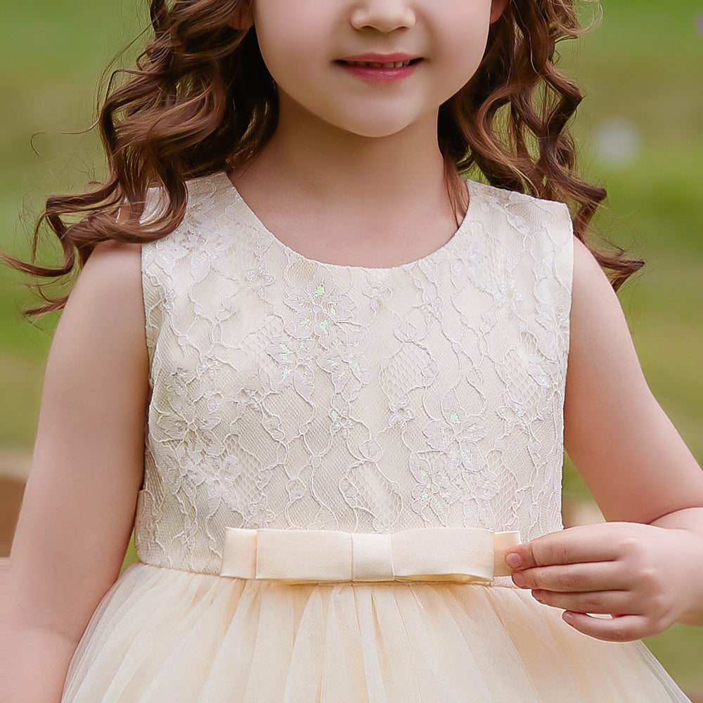 Girls Champagne Round Neck Ruffled Maxi Dress