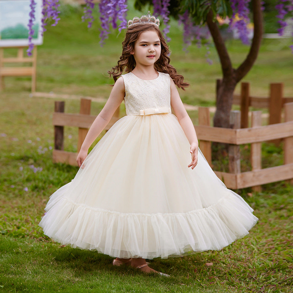 Girls Champagne Round Neck Ruffled Maxi Dress