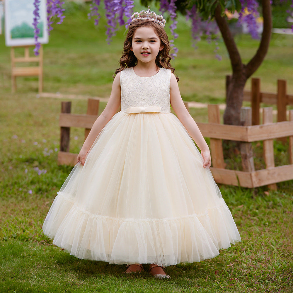 Girls Champagne Round Neck Ruffled Maxi Dress