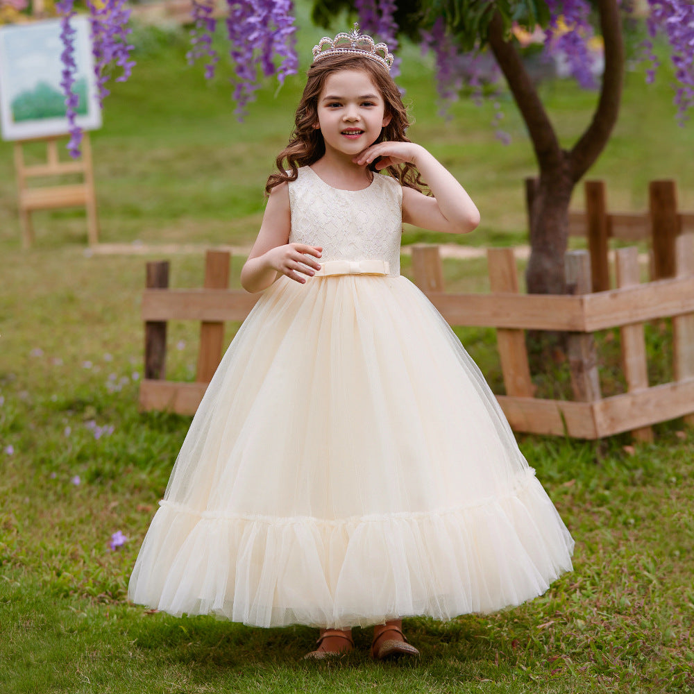 Girls Champagne Round Neck Ruffled Maxi Dress