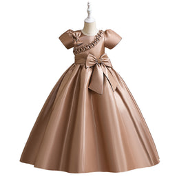 Girls Khaki Round Neck Puff Sleeve Bow Party Fit & Flare Maxi Dress