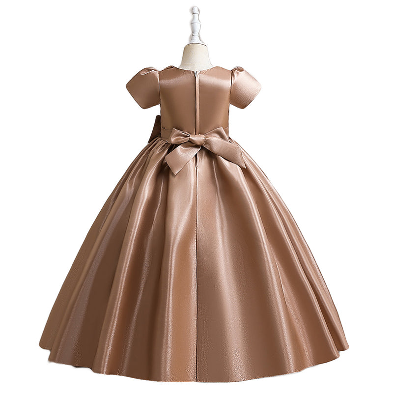 Girls Khaki Round Neck Puff Sleeve Bow Party Fit & Flare Maxi Dress