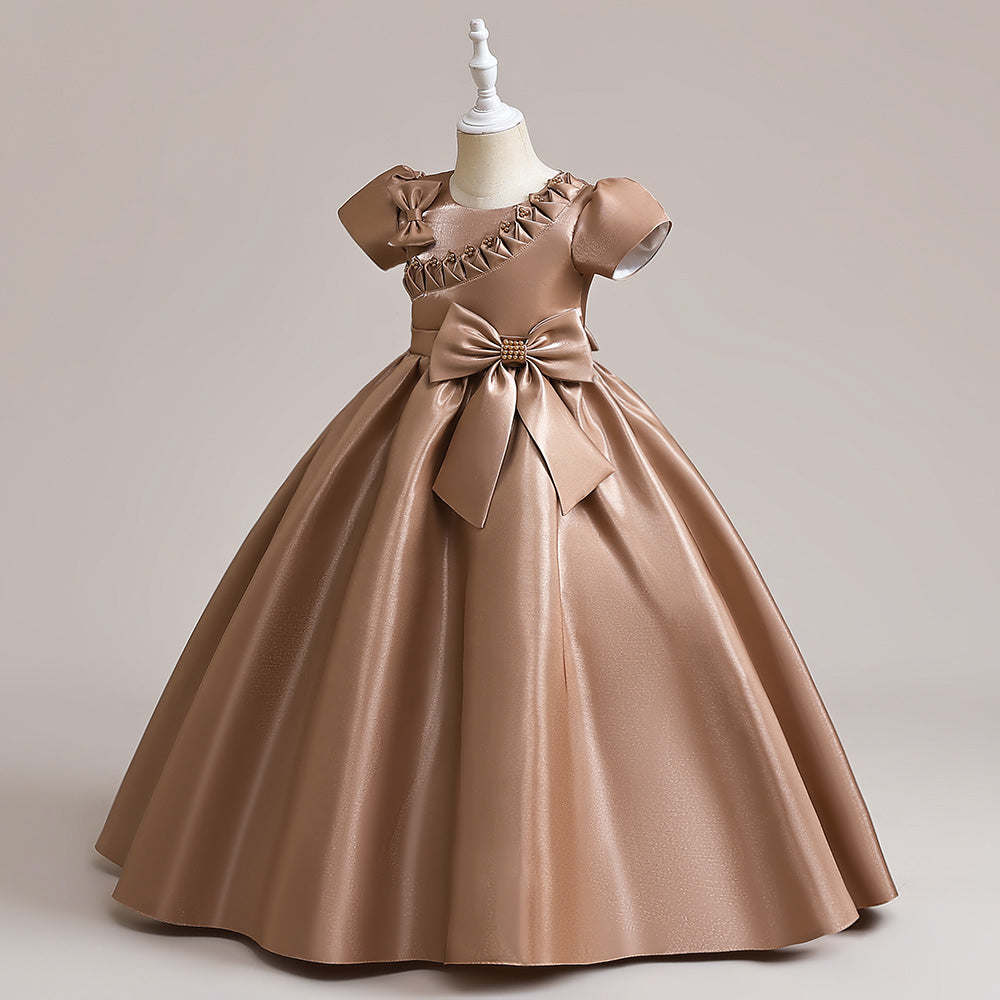 Girls Khaki Round Neck Puff Sleeve Bow Party Fit & Flare Maxi Dress