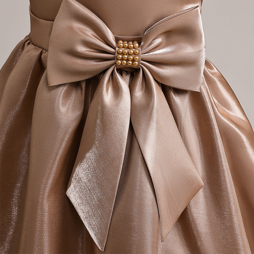 Girls Khaki Round Neck Puff Sleeve Bow Party Fit & Flare Maxi Dress