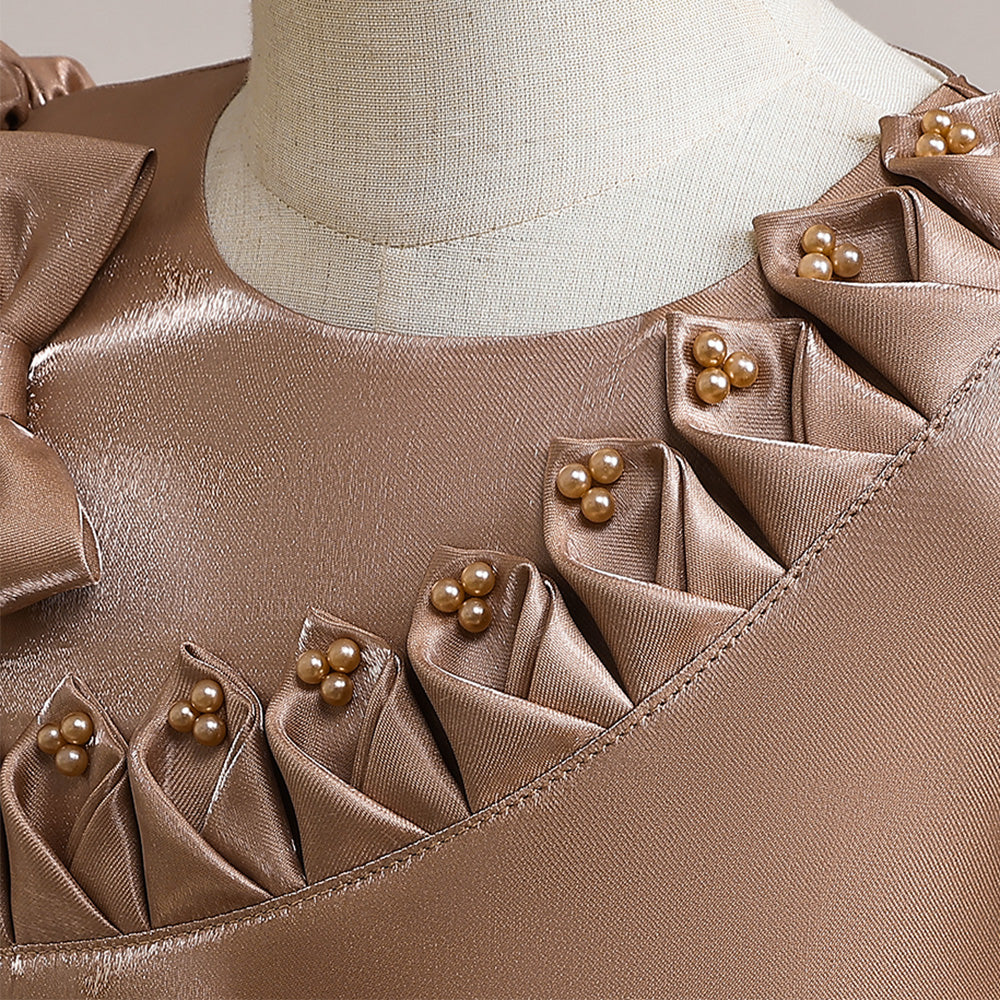 Girls Khaki Round Neck Puff Sleeve Bow Party Fit & Flare Maxi Dress