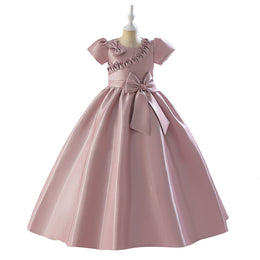 Pink Girls Puff Sleeves Beads & Bow Gown Maxi Dress