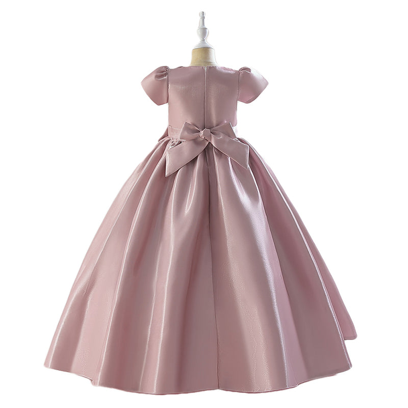 Pink Girls Puff Sleeves Beads & Bow Gown Maxi Dress