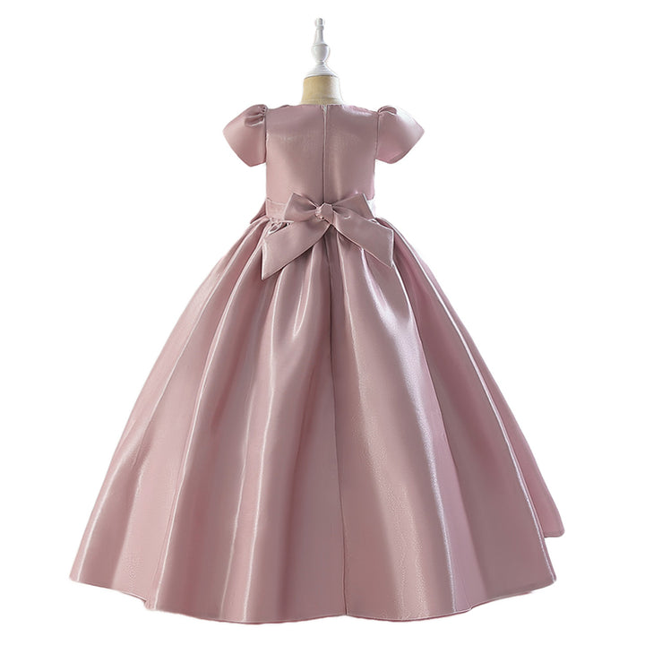 Pink Girls Puff Sleeves Beads & Bow Gown Maxi Dress