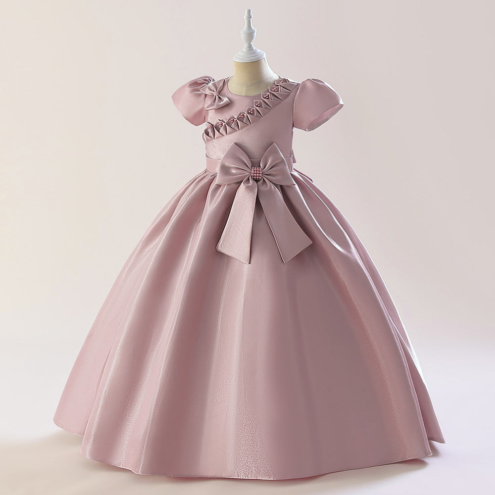 Pink Girls Puff Sleeves Beads & Bow Gown Maxi Dress