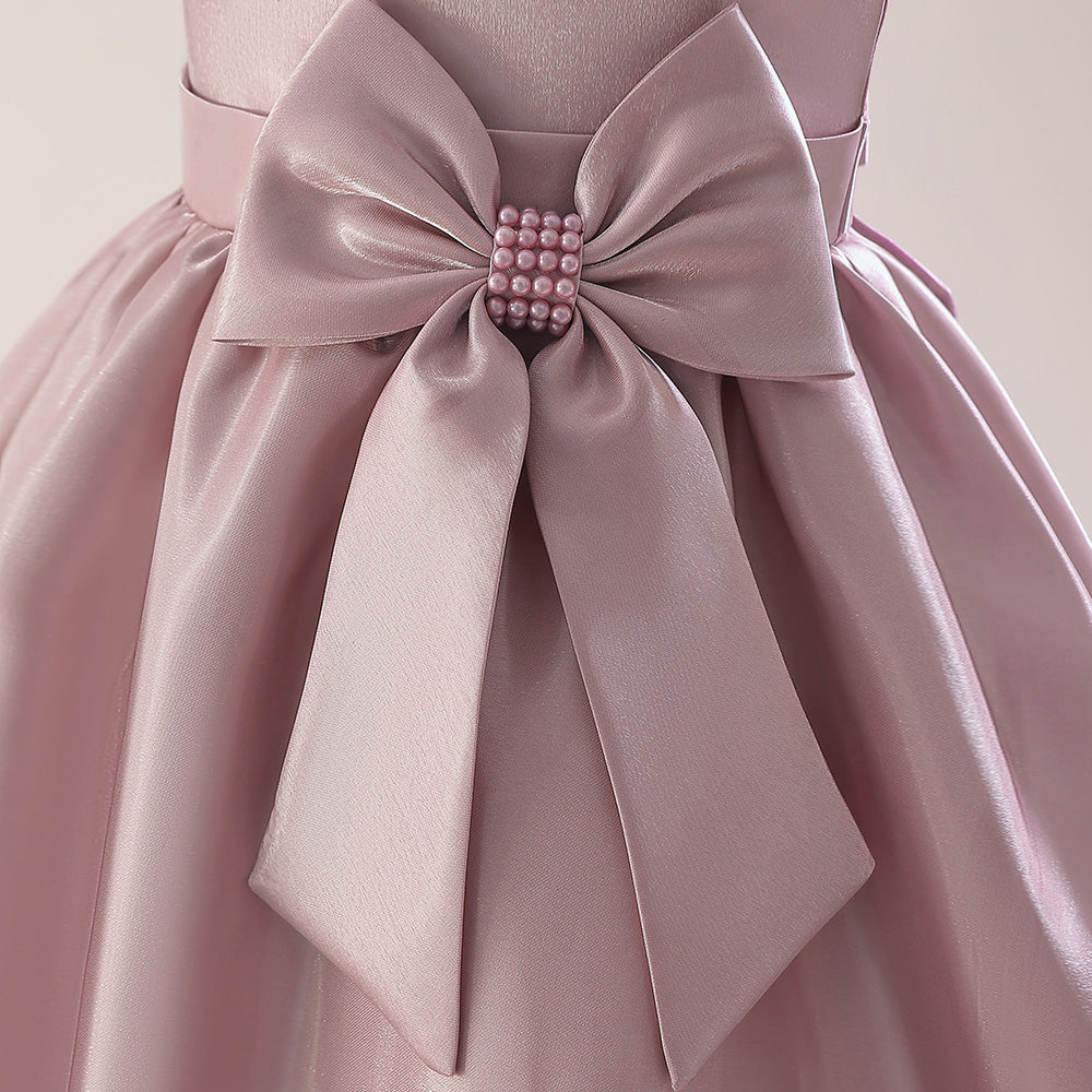 Pink Girls Puff Sleeves Beads & Bow Gown Maxi Dress