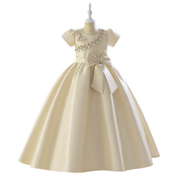 Beige Girls Puff Sleeves Beads & Bow Gown Maxi Dress