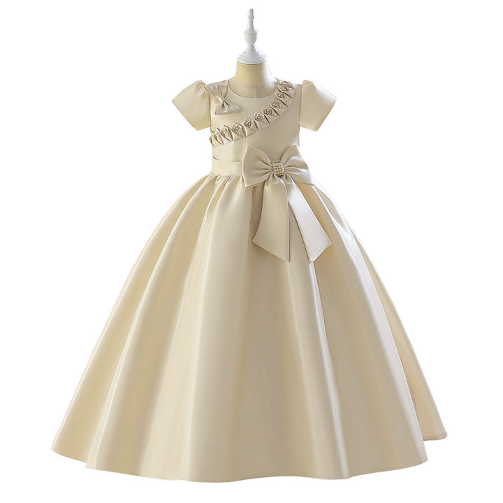 Beige Girls Puff Sleeves Beads & Bow Gown Maxi Dress