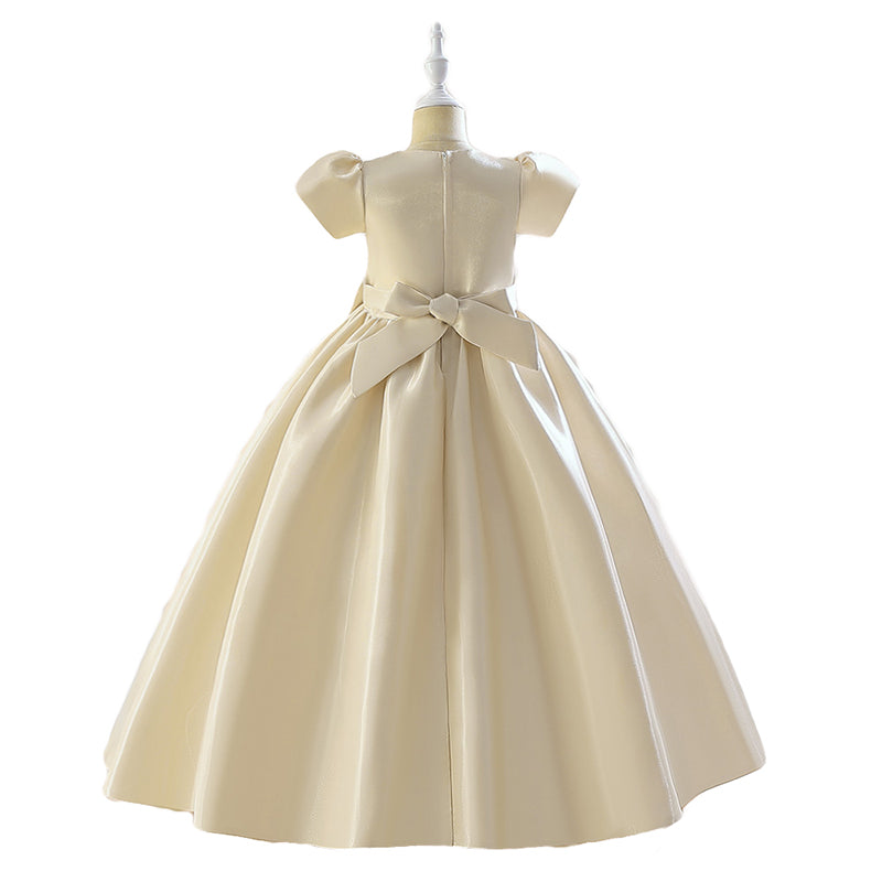 Beige Girls Puff Sleeves Beads & Bow Gown Maxi Dress