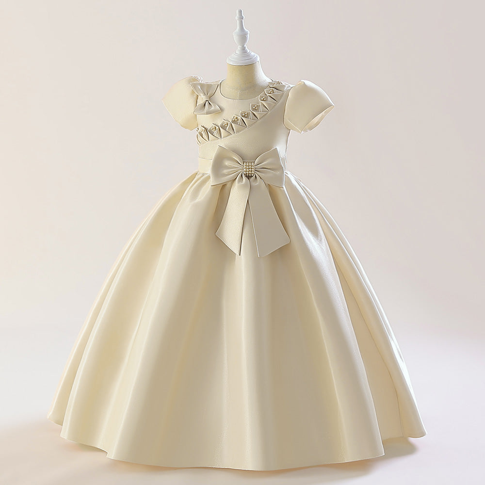 Beige Girls Puff Sleeves Beads & Bow Gown Maxi Dress
