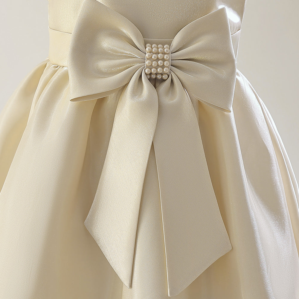 Beige Girls Puff Sleeves Beads & Bow Gown Maxi Dress