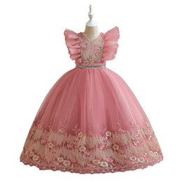 Girls Pink Floral V-Neck Flutter Sleeves Applique Party Balloon Midi Dress