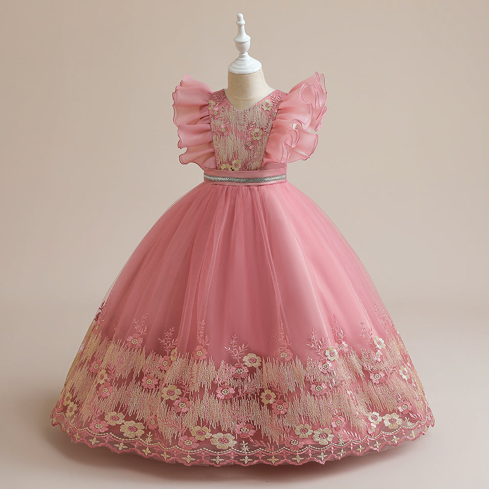 Girls Pink Floral V-Neck Flutter Sleeves Applique Party Balloon Midi Dress