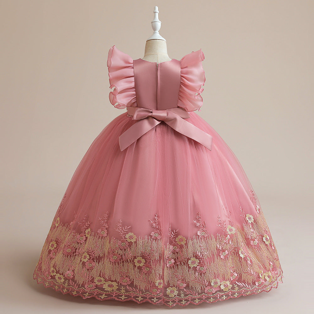 Girls Pink Floral V-Neck Flutter Sleeves Applique Party Balloon Midi Dress