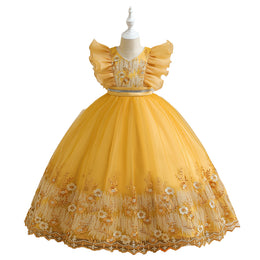 Yellow Floral Round Neck Sleeveless Balloon Maxi Dress