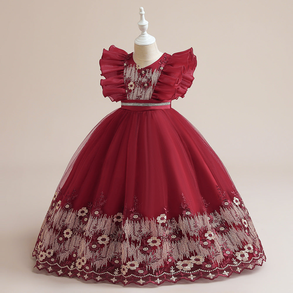 Girls Maroon Self Design Embellished Maxi Dress
