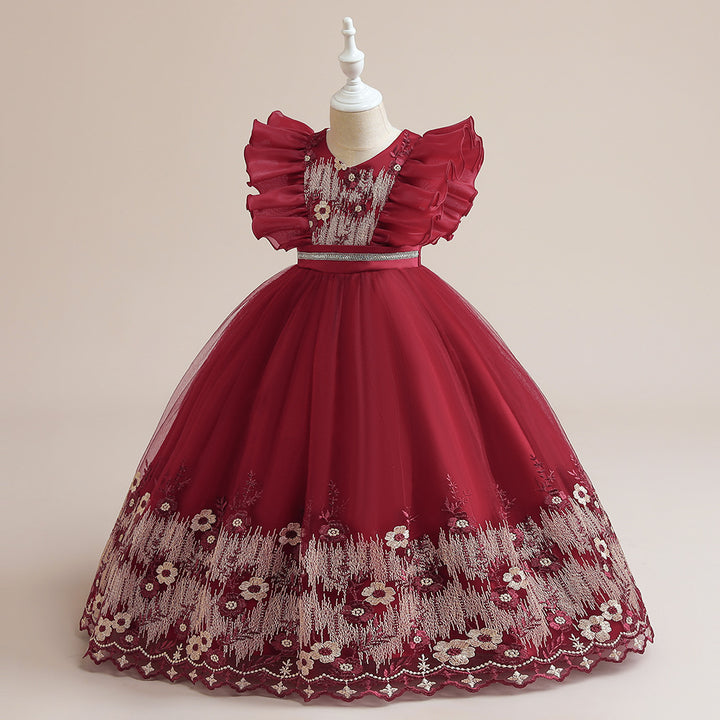 Girls Maroon Self Design Embellished Maxi Dress