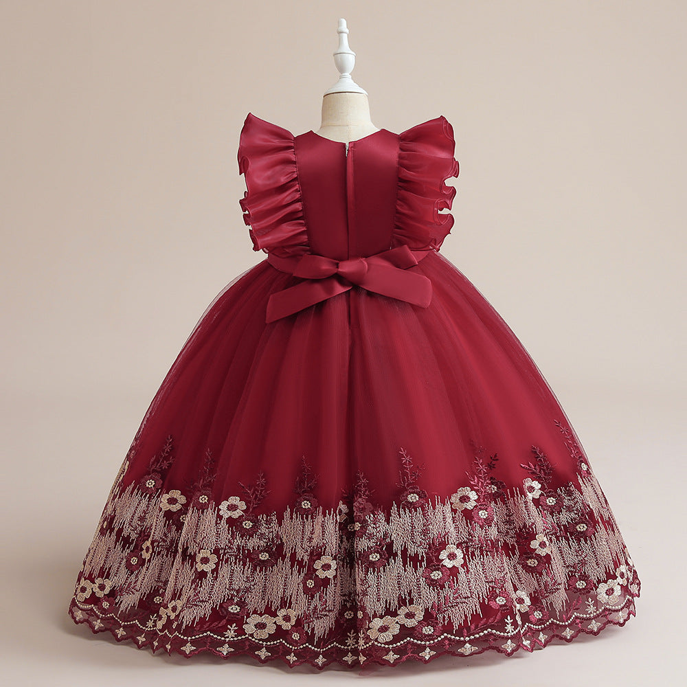 Girls Maroon Self Design Embellished Maxi Dress