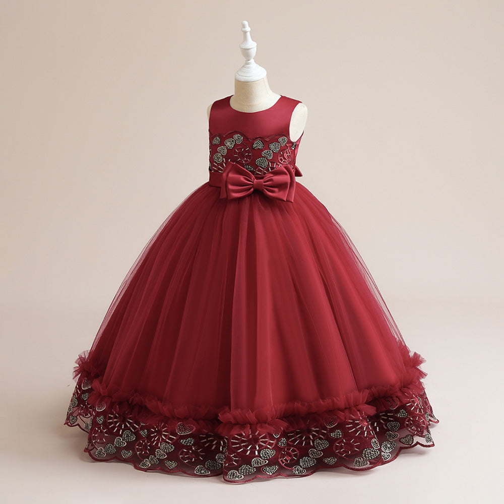 Maroon & persian plum Embellished Embroidered Ruffled Maxi Dress