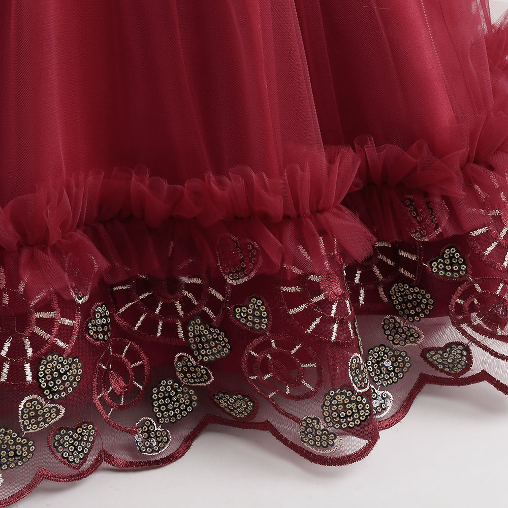Maroon & persian plum Embellished Embroidered Ruffled Maxi Dress