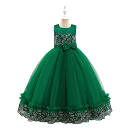 Girls Green Self Design Sleeveless Bow Gown Maxi Dress