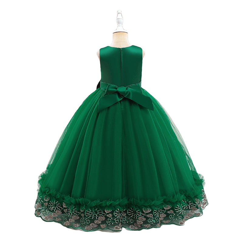 Girls Green Self Design Sleeveless Bow Gown Maxi Dress