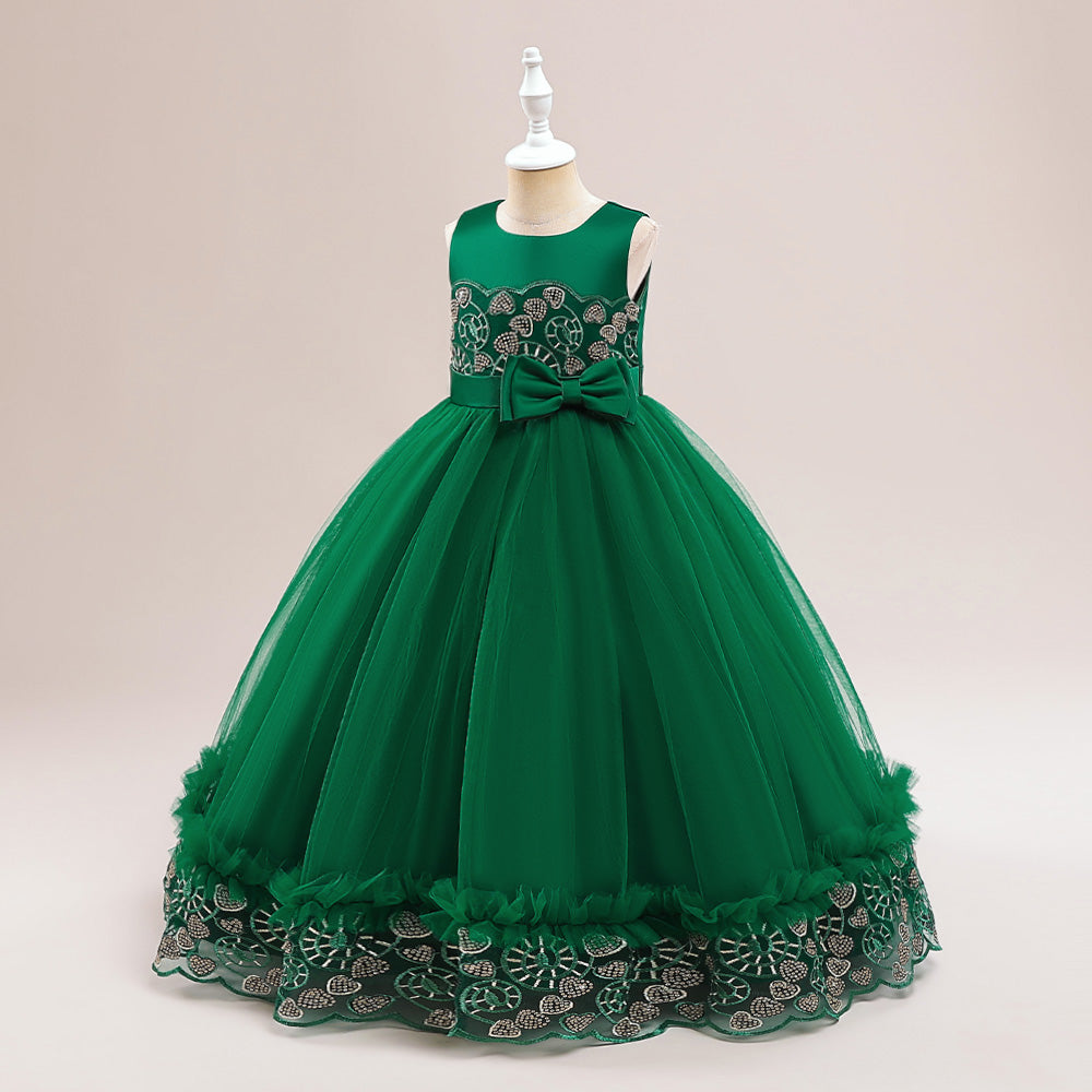 Girls Green Self Design Sleeveless Bow Gown Maxi Dress