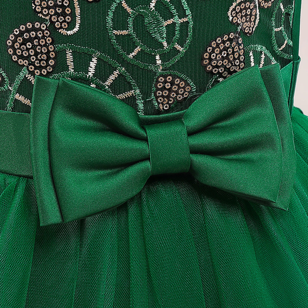 Girls Green Self Design Sleeveless Bow Gown Maxi Dress