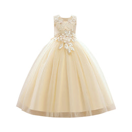Champagne Girls Floral Embellished Sleeveless Applique Detail Maxi Gown Dress