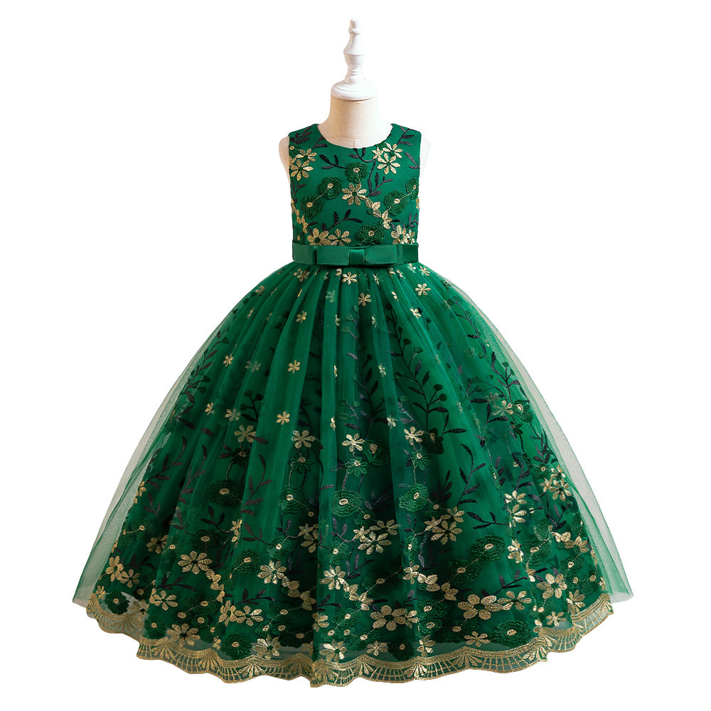 Green Girls Floral Embroidered Lace Inserts Detail Maxi Gown Dress