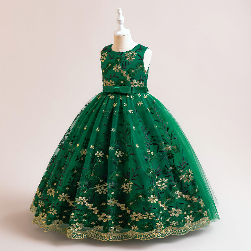 Green Girls Floral Embroidered Lace Inserts Detail Maxi Gown Dress