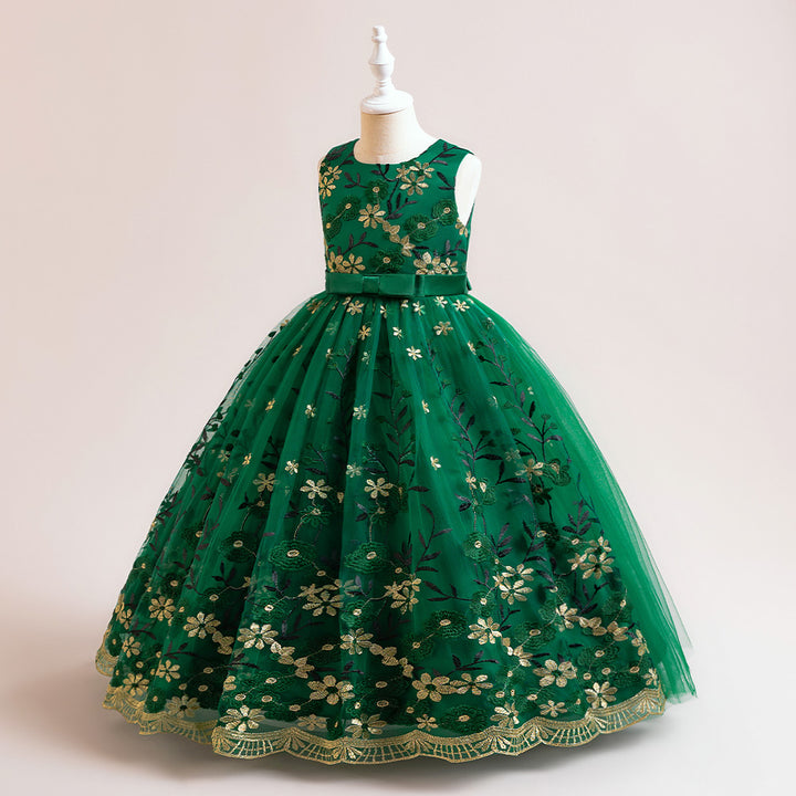Green Girls Floral Embroidered Lace Inserts Detail Maxi Gown Dress