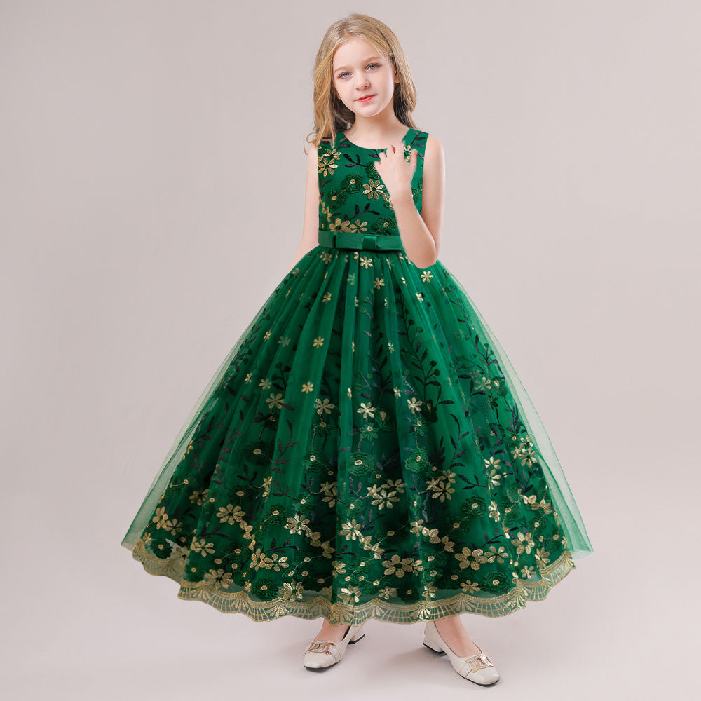 Green Girls Floral Embroidered Lace Inserts Detail Maxi Gown Dress