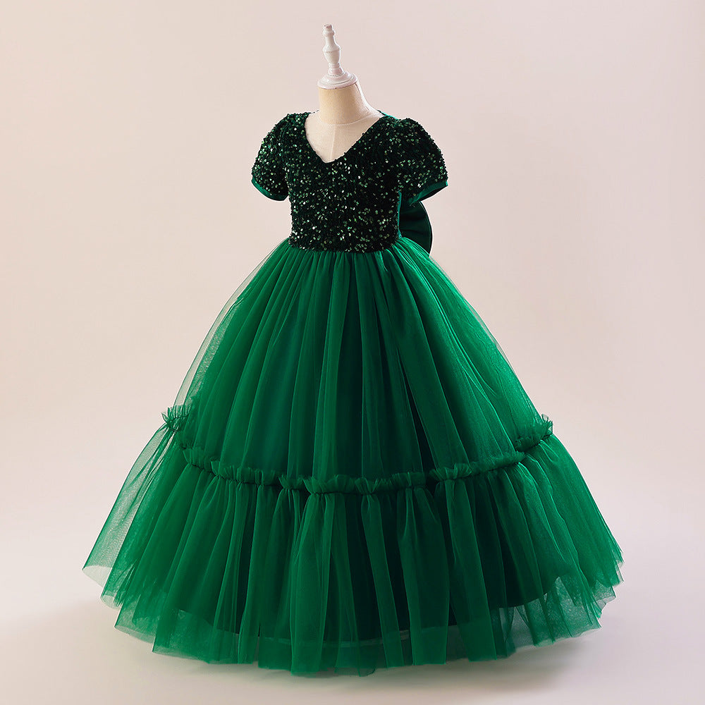 Girls Green Embellished Sequinned Maxi Dress