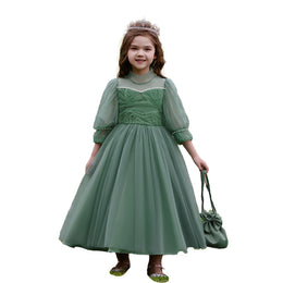 Green Girls Self Design Embellished High Neck Puff Sleeves Gown Maxi Dress