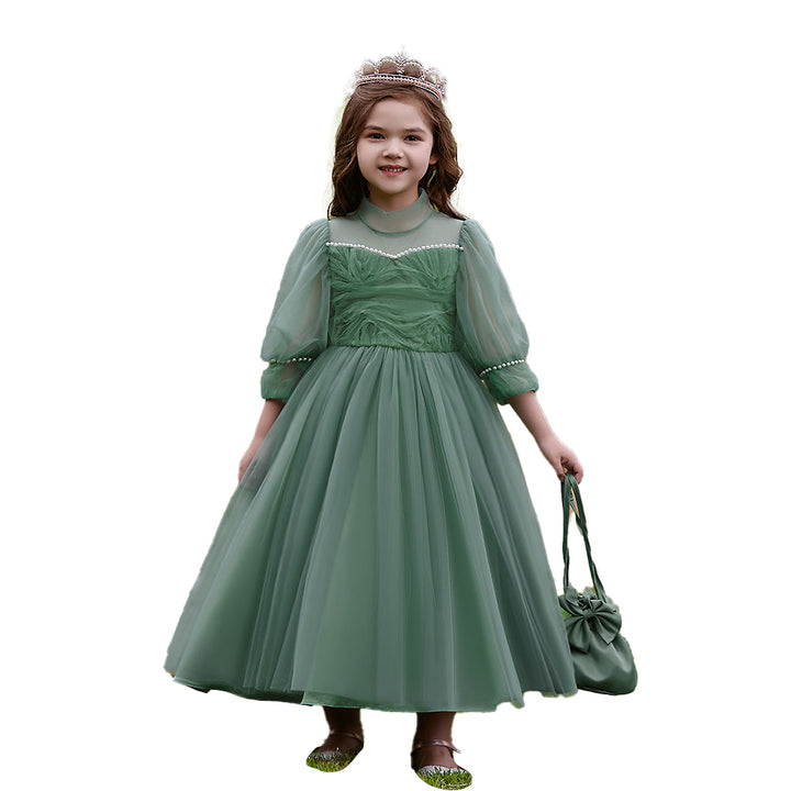 Green Girls Self Design Embellished High Neck Puff Sleeves Gown Maxi Dress