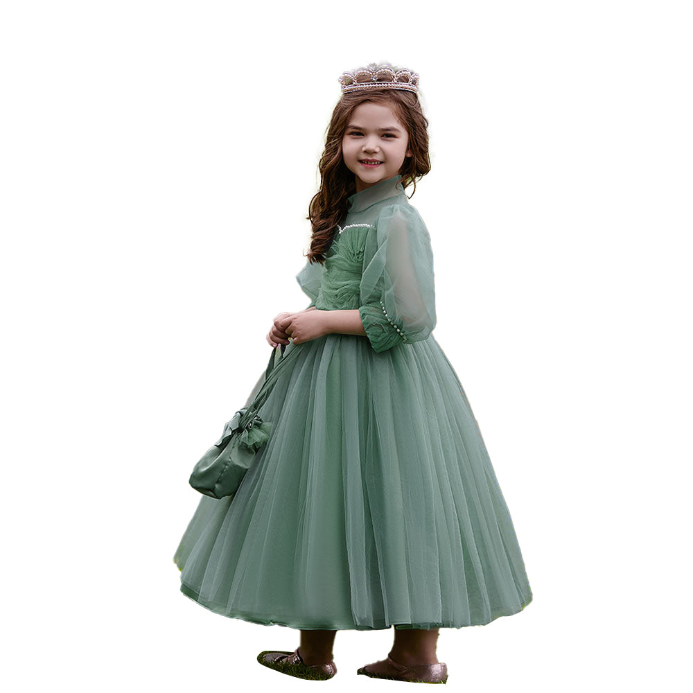 Green Girls Self Design Embellished High Neck Puff Sleeves Gown Maxi Dress
