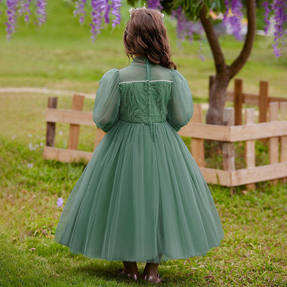 Green Girls Self Design Embellished High Neck Puff Sleeves Gown Maxi Dress