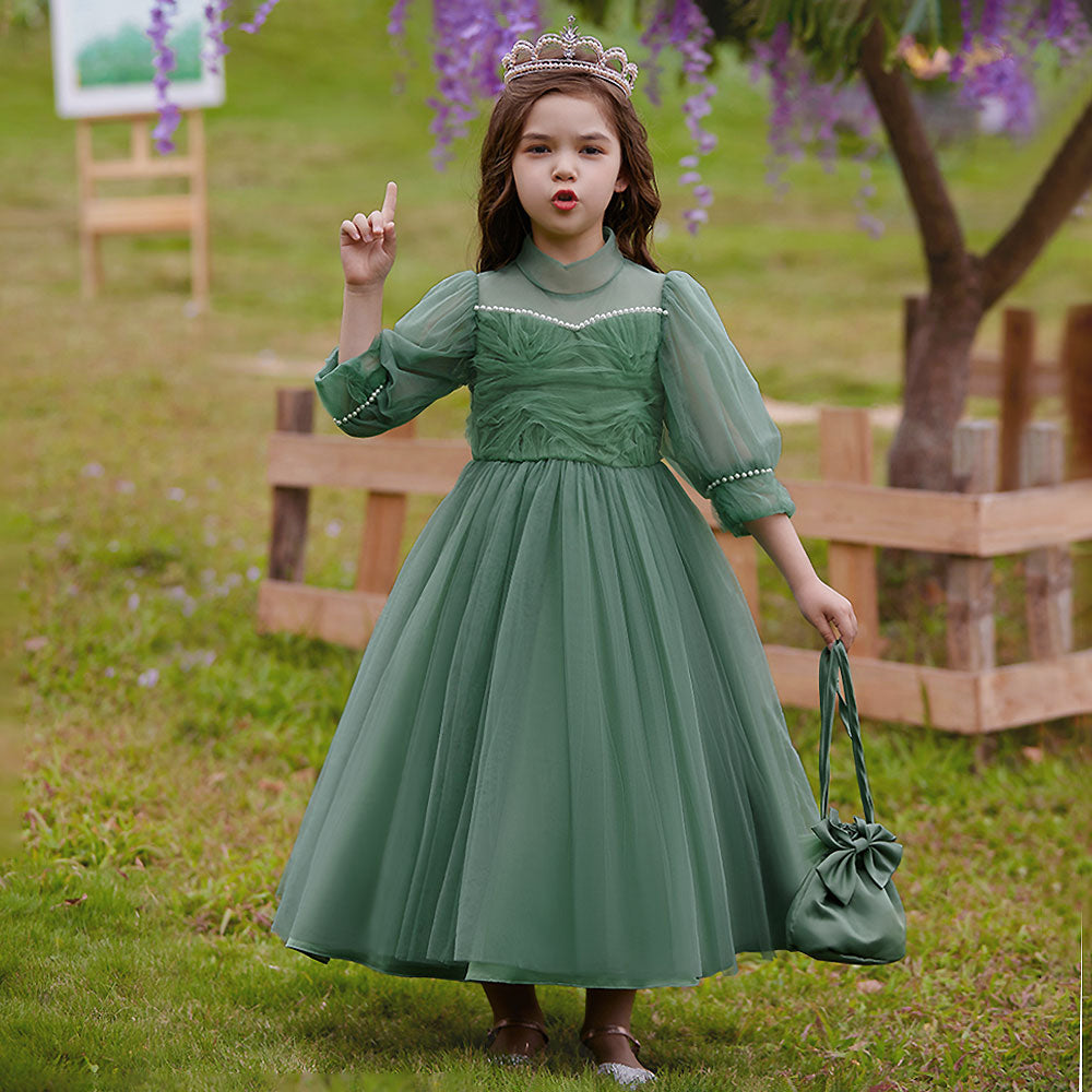 Green Girls Self Design Embellished High Neck Puff Sleeves Gown Maxi Dress