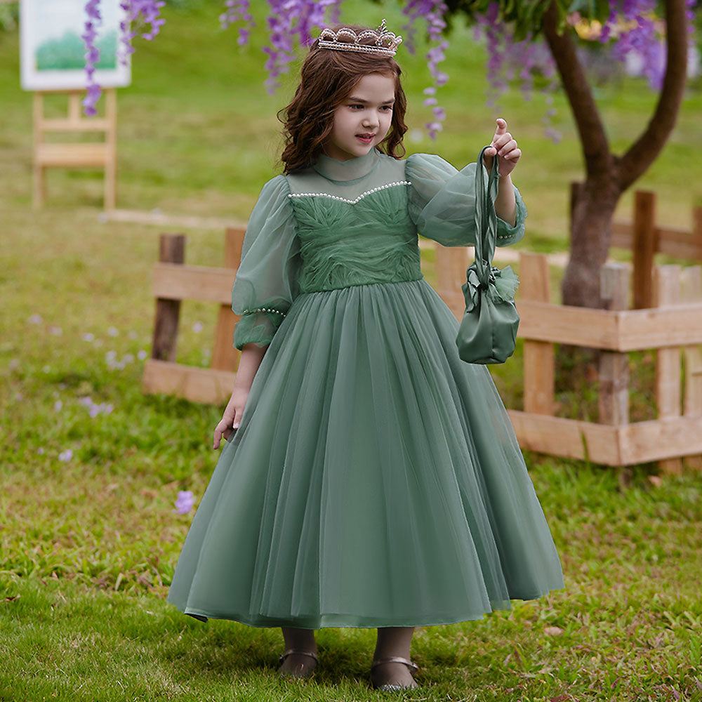 Green Girls Self Design Embellished High Neck Puff Sleeves Gown Maxi Dress