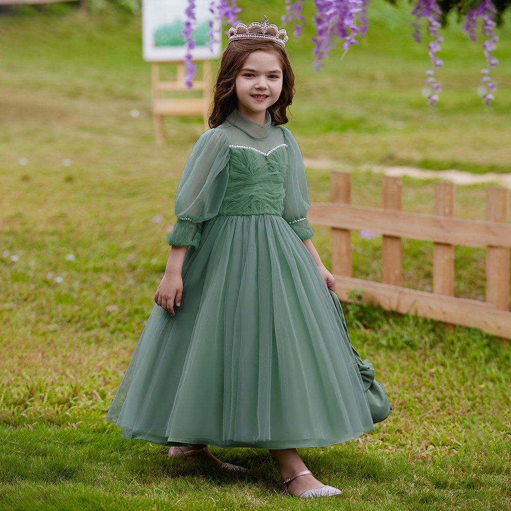 Green Girls Self Design Embellished High Neck Puff Sleeves Gown Maxi Dress
