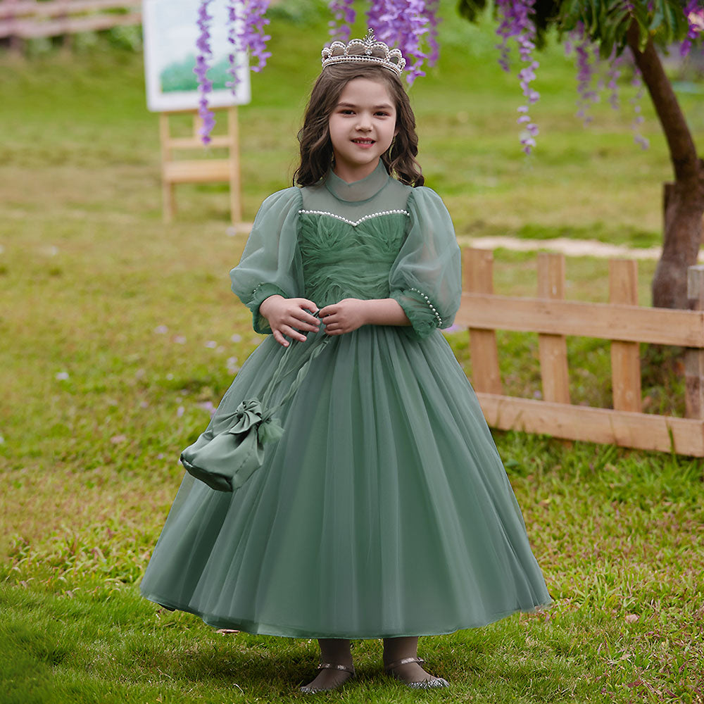 Green Girls Self Design Embellished High Neck Puff Sleeves Gown Maxi Dress