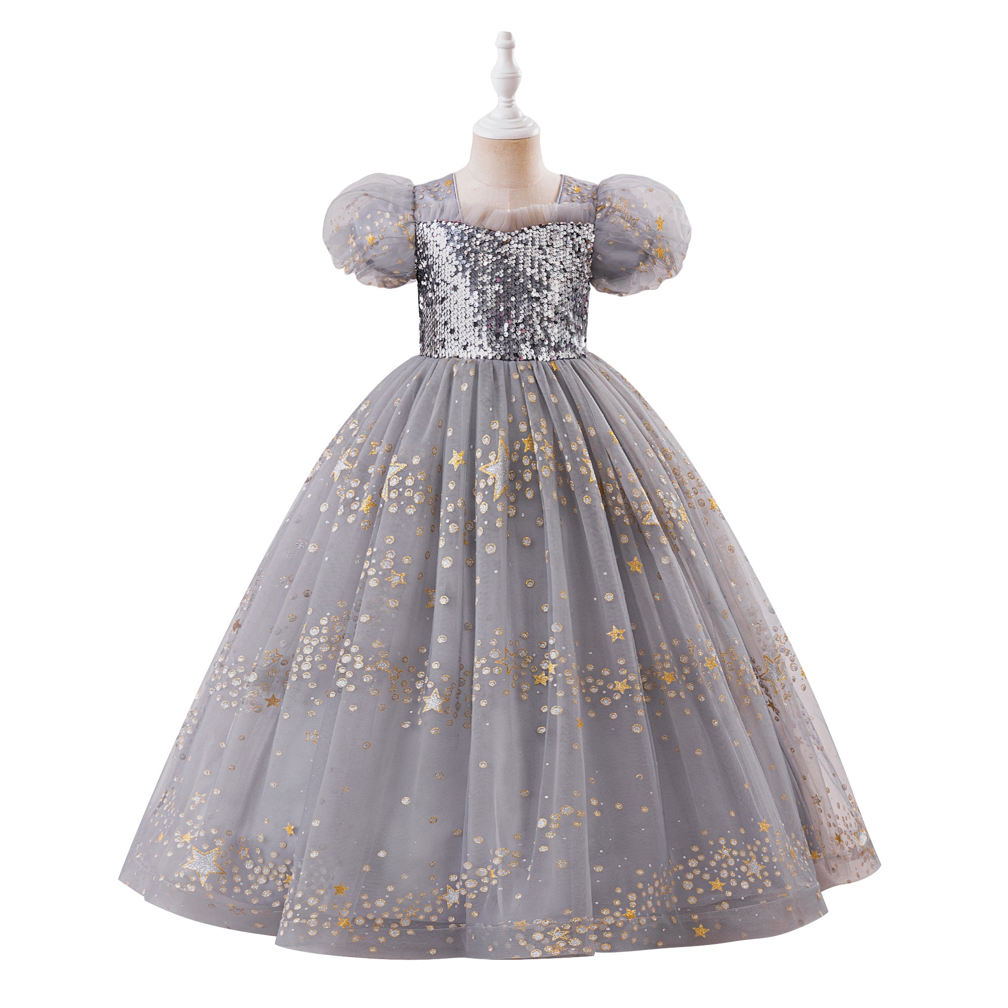 Girls Embellished Puff Sleeve Gown Maxi Dress