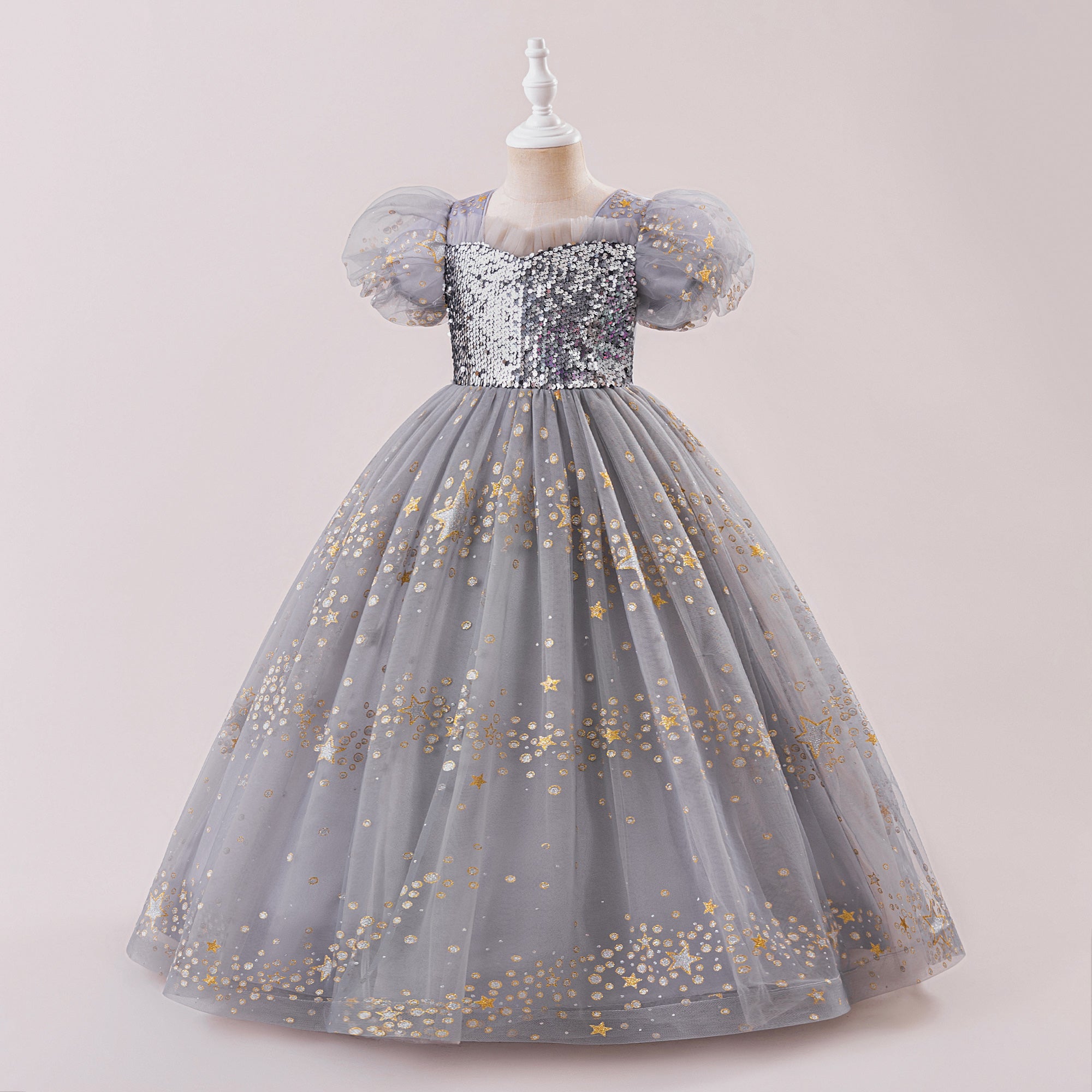 Girls Embellished Puff Sleeve Gown Maxi Dress