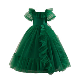 Girls Ruffles Puff Sleeves Square Neck Net Gown Maxi Dress